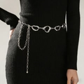 Close-up of silver metal waist chain with heart-shaped links on a black dress - Irregular Heart Ring Drop Chain (ZJ16093)