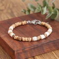 Bohemian armband van natuurlijke kokosnootschaal en houten kralen met stalen sluiting - Bruin Witte Schijfkralen Stijl (ZJ16166)