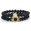 Set de pulseras para hombre de piedra de lava con león dorado y coronas - Piedra de lava