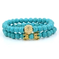 Set de pulseras para hombre de turquesa con cabeza de león dorada y dijes corona - Turquesa