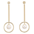 Long drop earrings with gold circular charm and dangling white pearl on a white background - Minimalist Geometric Pearl Long Drop Style (ZJ2899)