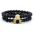 Set de pulseras de cuentas para hombre con cabeza de león dorada y coronas - Negro Brillante