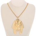 Detail showing Egyptian Pharaoh pendant with intricate texture on a golden box chain - Tutankhamun Gold Mask Relief Style (ND7941)