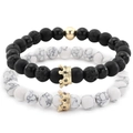 Couples crown beaded bracelet set with white turquoise, lava rock, and gold accents - White Turquoise Gold Crown & Mixed Gold Crown Set (ZJ1086G)