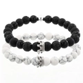 Couples crown bead bracelet set with white turquoise and black volcanic lava stones - White Turquoise Silver Crown & Mixed Silver Crown Set (ZJ1086S)
