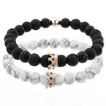 Detailed close-up of white pine and black lava stone bracelets with rose gold crowns - White Turquoise Rose Gold Crown & Mixed Rose Gold Crown Set (ZJ1086RG)