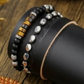 Mens bracelet set with tiger eye beads and black onyx on a black leather display roll - Vintage Tiger Eye Bead Set (ZJ15685)