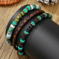 Detail of bohemian bracelet set with turquoise beads, woven leather and metal crown charm - Crown Ethnic Style Bracelet Set (ZJ15043)
