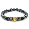 Men's hematite and lava stone beaded bracelet with golden leopard head charm focal point - Leopard Head / Antique Gold