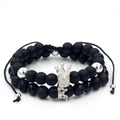 Detailed macro view of black lava stone beaded bracelet with a silver crown charm - Matte Black Silver Inlaid Crown Set (ZJ1734S)
