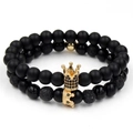 Close-up of black matte lava stone beads and gold crown charm with micro-pave zircons - Black Matte Stone Gold Color