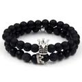 Matte black stone and lava rock beaded bracelet set with silver diamond crown charm - Black Matte Stone Silver Color