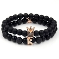 Matte agate and lava stone beaded bracelet set with rose gold crown charms for couples - Black Matte Stone Rose Gold Color