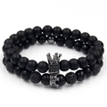 Couples crown bracelet set with matte black beads and porous volcanic stone textures - Black Matte Stone Gun Black Color