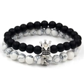 Couples crown bracelet set with matte black beads and white marble turquoise stones - White Turquoise Silver Color