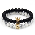 Matte black and white marble bead couple bracelets with gold rhinestone crown charms - Gold & White Turquoise Style