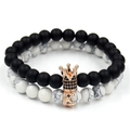 Matte black stone and white turquoise beaded bracelets with pavé crown charms for couples - White Turquoise Rose Gold Color