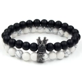 Matte black and white marble stone bead crown bracelets for couples in a set - White Turquoise Gunmetal