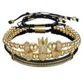 Ensemble de trois bracelets de luxe pour hommes avec couronne dorée et zircons - Or