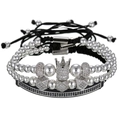 Ensemble de 3 bracelets superposés pour hommes avec couronne micro-pavée et perles géométriques - Argent