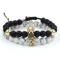 Two-piece set of black matte and white marble bead bracelets with gold crown charms - Matte Black Gold Black Rhinestone Crown & White Turquoise Set (ZJ2185G)