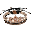 Ensemble de trois bracelets en or rose avec couronne, zircons et perles noires tressées - Or rose