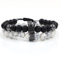 Two-piece matte black and white marble bead bracelet set featuring detailed crown charms - Matte Black Gunmetal Black Rhinestone Crown & White Turquoise Set (ZJ2185H)