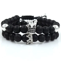Macro view of black matte beads and silver crown charm detail on a double bracelet set - Matte Black Silver Black Rhinestone Crown Set (ZJ2186S)