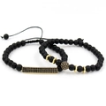Men's 2-piece set of 8mm matte black bead bracelets with gold pavé crystal accents - Gold