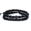 Men's two-piece set of 6mm matte black onyx beaded bracelets with adjustable woven cords - Gun Black