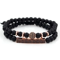 6mm matte black onyx bead bracelet set with rose gold pave crystal ball and bar - Rose Gold