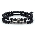 Two-piece men's bracelet set with 6mm matte black onyx beads and rhinestone pavé charms - Silver