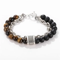 Pulsera de hombre punk de doble capa con piedras mate, ojo de tigre y cadena de eslabones - Estilo de Doble Capa Negro Mate Cadena Fina Ojo de Tigre (ZJ2259)