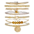 Bohemian 7-piece gold and brown beaded bracelet set with heart charms and metallic discs - Warm Brown Heart Pendant Combination (ZJ14205)
