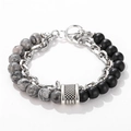 Pulsera para hombre estilo punk con cuentas de mármol y cadena de eslabones plata - Estilo de Doble Capa de Cadena de Cuentas de Piedra de Mapa (ZJ2260)