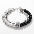 Pulsera punk para hombre con cuentas de mármol blanco, piedra negra mate y cadena plateada - Estilo de Doble Capa Negro Mate Cadena Fina Turquesa Blanca (ZJ2261)