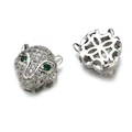 Silver leopard head bead with cubic zirconia and green eyes showing front and back views - Silver With White Zircon Green Eyes