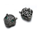 Micro-paved leopard head bead with green zircon eyes and white stones in black gold finish - Gun Black With White Zircon Green Eyes