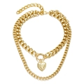Collier double rang doré avec chaîne cubaine et pendentif cœur gravé I Love You - Style Double Chaîne Cubaine Gravée Cœur (ZJ3883)