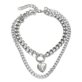 Collier double rang argenté avec chaîne cubaine et médaillon coeur gravé - Collier Argent Double Pendentif Cœur (ZJ3884)