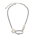 Collier argenté avec perles blanches, anneau effet marbre et fermoir mousqueton - Style Anneau Texture Marbre Perle (ZJ3896)