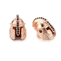 Macro shot of rose gold knight helmet charm with black zircon stones and scroll patterns - Rose Gold Knight Helmet Spacer (ZJ2386RG)