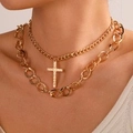 Collier double rang doré avec pendentif croix en strass et chaîne à maillons cubains - Style Double Croix en Strass (ZJ6876)