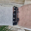 Close-up of three-piece men's punk bracelet set with black beads and arrow pendant - Silver Arrow Matte Beads Style (ZJ2089=BA080+ZJ0856)