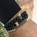 Three-piece men's bracelet set with matte black beads, lava stones, and gold crown charms - Matte Lava Stone Crown Style (ZJ2085)