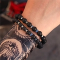 Herren Armband-Set aus matten schwarzen Lavasteinen mit silbernen Hämatit-Perlen - Mattschwarze Lava Silber Würfel Spacer Stil (ZJ2965)