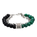 Pulsera punk con piedras negras mates y cuentas verdes con patrón de malaquita - Estilo de Costura Negro Mate y Verde Pavo Real (ZJ2985)