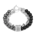 Pulsera punk para hombre con cuentas mate y cadena de metal plateado - Estilo de Doble Capa de Diamante Negro y Hematita (ZJ6438)