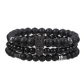 Set of 3 matte black stone bead bracelets featuring a zircon crown and polished accents - Black Crown Matte Style (ZJ10090)