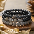Three-piece set of natural stone beaded bracelets with volcanic rock and grey marble beads - Lava Agate Triple Bracelet Combo (ZJ13166)